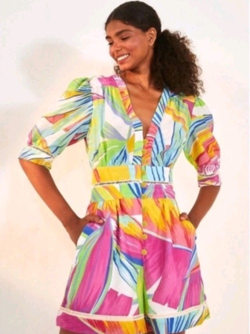 Farm Rio Rainbow Leaves Shorts Romper Tropical Vacation Spring Summer Beach L